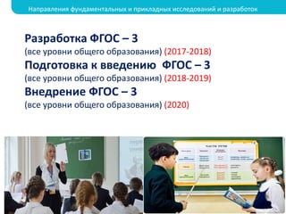 Разработка ФГОС – 3
(все уровни общего образования) (2017-2018)
Подготовка к введению ФГОС – 3
(все уровни общего образования) (2018-2019)
Внедрение ФГОС – 3
(все уровни общего образования) (2020)
Направления фундаментальных и прикладных исследований и разработок
 