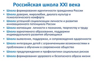 Российская школа XXI века
• Школа формирования идентичности гражданина России
• Школа доверия, миролюбия, диалога культур и
психологического комфорта
• Школа успешной социализации личности и развития
инновационного потенциала России
• Школа мотивации личности к познанию, творчеству и труду
• Школа вариативного образования, поддержки
индивидуального развития обучающихся
• Школа выявления, поддержки, и сопровождения одаренности
• Школа интеграции детей с ограниченными возможностями и
проблемами в обучении в современное общество
• Школа предупреждения и профилактики социальных рисков
• Школа формирования здорового и безопасного образа жизни
 