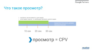 Что такое просмотр?
просмотр = CPV
10 сек 20 сек 30 сек
•  просмотр засчитывается, если видео
•  если видео короче, то необходим просмотр целого видео
продолжительность ролика
неограниченная
 