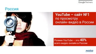Россия
Ролики YouTube – это 40%
всего видео онлайн в России
YouTube – сайт №1
по просмотру
онлайн-видео в России
 