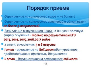 Ограничение на количество вузов – не более 5
Ограничение на количество заявлений в одном вузе –
не более 3не более 3 направленийнаправлений
Зачисление выпускников школ на очную и заочную
форму обучения - только по результатам ЕГЭтолько по результатам ЕГЭ
2013, 2014, 2015, 2016,2017 годов2013, 2014, 2015, 2016,2017 годов
2 этапа зачисления: 3 и 8 августа3 и 8 августа
II этапэтап – зачисление на 80% мест80% мест абитуриентов,
предоставивших оригиналы документов
IIII этапэтап – дозачисление на оставшиеся 20% мест20% мест
12
Порядок приемаПорядок приема
 