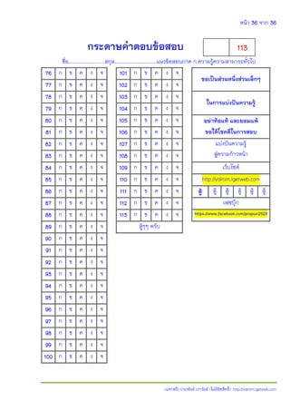 หน้า 36 จาก 36
(แจกฟรี) ประพันธ์ เวารัมย์ (ไม่มีลิขสิทธิ์) http://valrom.igetweb.com
กระดาษค้าตอบข้อสอบ
ชื่อ……..……………......สกุล……………………………..แนวข้อสอบภาค ก.ความรู้ความสามารถทั่วไป
76 ก ข ค ง จ 101 ก ข ค ง จ
ขอเป็นส่วนหนึ่งส่วนเล็กๆ
77 ก ข ค ง จ 102 ก ข ค ง จ
78 ก ข ค ง จ 103 ก ข ค ง จ
ในการแบ่งปันความรู้
79 ก ข ค ง จ 104 ก ข ค ง จ
80 ก ข ค ง จ 105 ก ข ค ง จ อย่าท้อแท้ และยอมแพ้
ขอให้โชคดีในการสอบ81 ก ข ค ง จ 106 ก ข ค ง จ
82 ก ข ค ง จ 107 ก ข ค ง จ แบ่งปันความรู้
สู่ความก้าวหน้า83 ก ข ค ง จ 108 ก ข ค ง จ
84 ก ข ค ง จ 109 ก ข ค ง จ เว็บไซต์
85 ก ข ค ง จ 110 ก ข ค ง จ http://valrom.igetweb.com
86 ก ข ค ง จ 111 ก ข ค ง จ สู้ สู้ สู้ สู้ สู้ สู้
87 ก ข ค ง จ 112 ก ข ค ง จ เฟซบุ๊ก
88 ก ข ค ง จ 113 ก ข ค ง จ https://www.facebook.com/prapun2523
89 ก ข ค ง จ สู้ๆๆ ครับ
90 ก ข ค ง จ
91 ก ข ค ง จ
92 ก ข ค ง จ
93 ก ข ค ง จ
94 ก ข ค ง จ
95 ก ข ค ง จ
96 ก ข ค ง จ
97 ก ข ค ง จ
98 ก ข ค ง จ
99 ก ข ค ง จ
100 ก ข ค ง จ
113
 