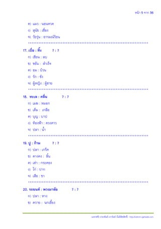 หน้า 5 จาก 36
(แจกฟรี) ประพันธ์ เวารัมย์ (ไม่มีลิขสิทธิ์) http://valrom.igetweb.com
ค) แมว : นอนหวด
ง) สุนัข : เชื่อง
จ) วัยรุ่น : อารมณ์ร้อน
**********************************************************************
17. เบื่อ : ทิ้ง ? : ?
ก) เขียน : ลบ
ข) ขยัน : สําเร็จ
ค) อม : บ้วน
ง) รัก : ชัง
จ) ผู้หญิง : ผู้ชาย
**********************************************************************
18. ทะเล : คลื่น ? : ?
ก) เมฆ : หมอก
ข) เค็ม : เกลือ
ค) บุญ : บาป
ง) ท้องฟูา : ดวงดาว
จ) ปลา : น้ํา
**********************************************************************
19. ปู : ก้าม ? : ?
ก) ปลา : เกร็ด
ข) คางคง : ลิ้น
ค) เต่า : กระดอง
ง) ไก่ : ปาก
จ) เสือ : ขา
**********************************************************************
20. รถยนต์ : พวงมาลัย ? : ?
ก) ปลา : หาง
ข) ควาย : นกเอี้ยง
 