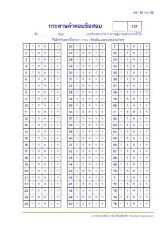 หน้า 35 จาก 36
(แจกฟรี) ประพันธ์ เวารัมย์ (ไม่มีลิขสิทธิ์) http://valrom.igetweb.com
กระดาษค้าตอบข้อสอบ
ชื่อ……..……………......สกุล……………………………..แนวข้อสอบภาค ก.ความรู้ความสามารถทั่วไป
ใช้สําหรับสอบทั้งภาค ก. ก.พ. / ท้องถิ่น และหน่วยงานต่างๆ
1 ก ข ค ง จ 26 ก ข ค ง จ 51 ก ข ค ง จ
2 ก ข ค ง จ 27 ก ข ค ง จ 52 ก ข ค ง จ
3 ก ข ค ง จ 28 ก ข ค ง จ 53 ก ข ค ง จ
4 ก ข ค ง จ 29 ก ข ค ง จ 54 ก ข ค ง จ
5 ก ข ค ง จ 30 ก ข ค ง จ 55 ก ข ค ง จ
6 ก ข ค ง จ 31 ก ข ค ง จ 56 ก ข ค ง จ
7 ก ข ค ง จ 32 ก ข ค ง จ 57 ก ข ค ง จ
8 ก ข ค ง จ 33 ก ข ค ง จ 58 ก ข ค ง จ
9 ก ข ค ง จ 34 ก ข ค ง จ 59 ก ข ค ง จ
10 ก ข ค ง จ 35 ก ข ค ง จ 60 ก ข ค ง จ
11 ก ข ค ง จ 36 ก ข ค ง จ 61 ก ข ค ง จ
12 ก ข ค ง จ 37 ก ข ค ง จ 62 ก ข ค ง จ
13 ก ข ค ง จ 38 ก ข ค ง จ 63 ก ข ค ง จ
14 ก ข ค ง จ 39 ก ข ค ง จ 64 ก ข ค ง จ
15 ก ข ค ง จ 40 ก ข ค ง จ 65 ก ข ค ง จ
16 ก ข ค ง จ 41 ก ข ค ง จ 66 ก ข ค ง จ
17 ก ข ค ง จ 42 ก ข ค ง จ 67 ก ข ค ง จ
18 ก ข ค ง จ 43 ก ข ค ง จ 68 ก ข ค ง จ
19 ก ข ค ง จ 44 ก ข ค ง จ 69 ก ข ค ง จ
20 ก ข ค ง จ 45 ก ข ค ง จ 70 ก ข ค ง จ
21 ก ข ค ง จ 46 ก ข ค ง จ 71 ก ข ค ง จ
22 ก ข ค ง จ 47 ก ข ค ง จ 72 ก ข ค ง จ
23 ก ข ค ง จ 48 ก ข ค ง จ 73 ก ข ค ง จ
24 ก ข ค ง จ 49 ก ข ค ง จ 74 ก ข ค ง จ
25 ก ข ค ง จ 50 ก ข ค ง จ 75 ก ข ค ง จ
113
 