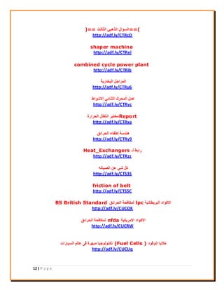12 | P a g e
==(‫اُضبُش‬ ٢‫اُزٛج‬ ٍ‫اُغؤا‬)==
http://adf.ly/CTRcO
shaper machine
http://adf.ly/CTRel
combined cycle power plant
http://adf.ly/CTRib
‫اُجخبس٣خ‬ َ‫أُشاع‬
http://adf.ly/CTRu6
‫االؽٞاه‬ ٢‫اُض٘بئ‬ ‫أُؾشى‬ َٔ‫ػ‬
http://adf.ly/CTRvc
Report‫اُؾشاسح‬ ٍ‫اٗزوب‬ ‫ٓخزجش‬
http://adf.ly/CTRxa
‫اُؾشائن‬ ‫إىلبء‬ ‫ٛ٘ذعخ‬
http://adf.ly/CTRy9
‫ُـ‬ ‫ساثو‬Heat_Exchangers
http://adf.ly/CTRzz
ٚٗ‫اُق٤ب‬ ٖ‫ػ‬ ٢‫ؽ‬ ًَ
http://adf.ly/CTS3S
friction of belt
http://adf.ly/CTS5C
‫اُجش٣يبٗ٤خ‬ ‫االًٞاد‬lpc‫اُؾشائن‬ ‫ٌُٔبكؾخ‬BS British Standard
http://adf.ly/CUCOK
‫االٓش٣ٌ٤خ‬ ‫االًٞاد‬nfda‫اُؾشائن‬ ‫ٌُٔبكؾخ‬
http://adf.ly/CUCRW
‫اُٞهٞد‬ ‫خال٣ب‬(Fuel Cells )‫اُغ٤بساد‬ ُْ‫ػب‬ ٠‫ك‬ ‫ٓجٜشح‬ ‫رٌُ٘ٞٞع٤ب‬
http://adf.ly/CUCUq
 