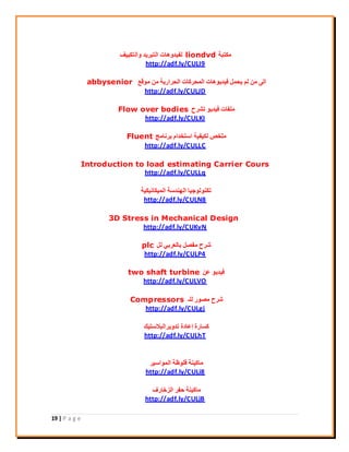 19 | P a g e
‫ٌٓزجخ‬liondvd‫ٝاُزٌ٤٤ق‬ ‫اُزجش٣ذ‬ ‫ُل٤ذٝٛبد‬
http://adf.ly/CULI9
‫ٓٞهغ‬ ٖٓ ‫اُؾشاس٣خ‬ ‫أُؾشًبد‬ ‫ك٤ذ٣ٞٛبد‬ َٔ‫٣ؾ‬ ُْ ٖٓ ٠ُ‫ا‬abbysenior
http://adf.ly/CULJD
‫رؾشػ‬ ٞ٣‫ك٤ذ‬ ‫ِٓلبد‬Flow over bodies
http://adf.ly/CULKI
‫ثشٗبٓظ‬ ّ‫اعزخذا‬ ‫ٌُ٤ل٤خ‬ ‫ِٓخـ‬Fluent
http://adf.ly/CULLC
Introduction to load estimating Carrier Cours
http://adf.ly/CULLq
‫أُ٤ٌبٗ٤ٌ٤خ‬ ‫اُٜ٘ذعخ‬ ‫رٌُ٘ٞٞع٤ب‬
http://adf.ly/CULN8
3D Stress in Mechanical Design
http://adf.ly/CUKvN
َُ ٢‫ثبُؼشث‬ َ‫ٓلق‬ ‫ؽشػ‬plc
http://adf.ly/CULP4
ٖ‫ػ‬ ٞ٣‫ك٤ذ‬two shaft turbine
http://adf.ly/CULVO
‫ُِـ‬ ‫ٓقٞس‬ ‫ؽشػ‬Compressors
http://adf.ly/CULgj
‫رذٝ٣شاُجالعز٤ي‬ ‫إػبدح‬ ‫ًغبسح‬
http://adf.ly/CULhT
‫أُٞاع٤ش‬ ‫هِٞظخ‬ ‫ٓبً٤٘خ‬
http://adf.ly/CULi8
‫اُضخبسف‬ ‫ؽلش‬ ‫ٓبً٤٘خ‬
http://adf.ly/CULjB
 