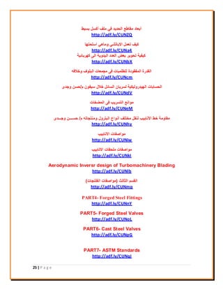 25 | P a g e
‫تسيط‬ ً‫أوس‬ ‫ٍِف‬ ‫في‬ ‫اٌحذيذ‬ ‫ِماطع‬ ‫أتعاد‬
http://adf.ly/CUNZQ
‫اسٍحرها‬ ‫وِاهي‬ ‫االتاذشي‬ ًّ‫ذع‬ ‫ويف‬
http://adf.ly/CUNa4
‫وهرتائيح‬ ًٌ‫ا‬ ‫اٌيذويح‬ ‫اٌعذد‬ ‫تعط‬ ‫ذحىير‬ ‫ويفيح‬
http://adf.ly/CUNbX
‫وخالفه‬ ‫اٌثٍىف‬ ‫ِجّعاخ‬ ً‫ف‬ ‫ٌٍطٍّثاخ‬ ‫اٌّفمىدج‬ ‫اٌمذرج‬
http://adf.ly/CUNcm
َ ْ‫سيفى‬ ‫خالي‬ ً‫اٌسائ‬ ْ‫ٌسريا‬ ‫اٌهيذروٌيىيح‬ ‫اٌحساتاخ‬/‫وجذي‬ ٓ‫حس‬
http://adf.ly/CUNdV
‫اٌّعخاخ‬ ً‫ف‬ ‫اٌرسرية‬ ‫ِىأع‬
http://adf.ly/CUNeM
َ ‫وِٕرجاذه‬ ‫اٌثرروي‬ ‫أٔىاع‬ ‫ِخرٍف‬ ً‫ٌٕم‬ ‫األٔاتية‬ ‫خط‬ ‫ِماوِح‬/‫وجـــذي‬ ٓ‫حســــ‬
http://adf.ly/CUNhy
‫االٔاتية‬ ‫ِىاصفاخ‬
http://adf.ly/CUNiw
‫االٔاتية‬ ‫ٍِحماخ‬ ‫ِىاصفاخ‬
http://adf.ly/CUNkI
Aerodynamic Inversr design of Turbomachinery Blading
http://adf.ly/CUNlb
‫اٌثاٌث‬ ُ‫اٌمس‬(‫اٌفٍٕجاخ‬ ‫ِىاصفاخ‬)
http://adf.ly/CUNmp
PART4- Forged Steel Fittings
http://adf.ly/CUNnY
PART5- Forged Steel Valves
http://adf.ly/CUNoL
PART6- Cast Steel Valves
http://adf.ly/CUNpG
PART7- ASTM Standards
http://adf.ly/CUNqJ
 