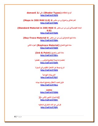 8 | P a g e
‫أُظِالد‬ ‫أٗٞاع‬: (Shader Types)ٍ‫ا‬ ٢‫ك‬3dsmax6
http://adf.ly/CTQ70
‫ٓبًظ‬ ١‫د‬ ١‫صش‬ ‫ثشٗبٓظ‬ ٢‫ك‬ ‫اُخشائو‬6(Maps in 3DS MAX 6.0)
http://adf.ly/CTQ8b
‫ٓبًظ‬ ‫اط‬ ١‫د‬ ١‫صش‬ ٢‫ك‬ ‫اُو٤بع٤خ‬ ‫أُبدح‬6(Standard Material in 3DS MAX
6.0)
http://adf.ly/CTQA6
‫ٓبًظ‬ ‫اط‬ ١‫د‬ ١‫صش‬ ٢‫ك‬ ‫اُؾؼبع‬ ‫رزجغ‬ ‫ٓبدح‬6(Ray-Trace Material
http://adf.ly/CTQBn
‫اُؾؼبع‬ ‫رزجغ‬ ‫ٓبدح‬(Raytrace Material)٢ٗ‫اُضب‬ ‫اُغضء‬
http://adf.ly/CTQD0
‫ٝاُقجؾ‬ ‫اُؾجش‬ ‫ٓبدح‬(Ink & Paint)
http://adf.ly/CTQEn
‫ُِٔبًظ‬ ‫أُلبر٤ؼ‬ ‫ُٞؽخ‬ ‫إخزقبساد‬......‫رلنِٞا‬
http://adf.ly/CTQHh
‫اُغ٤بسح‬ ٢‫ك‬ ١‫اُزوِ٤ذ‬ ٍ‫االؽؼب‬ ٖ‫ػ‬ ‫ٓجغو‬ ‫ؽشػ‬
http://adf.ly/CTQIQ
‫اُٜٞائ٤خ‬ ‫اُزٞسث٤٘بد‬
http://adf.ly/CTQJ7
‫٣ٞٗذ‬ ‫اُغجِذ‬ ‫ٝرقِ٤ؼ‬ ٍ‫االػيب‬ ‫رؾذ٣ذ‬ ‫ىشم‬
http://adf.ly/CTQLo
cams
http://adf.ly/CTQNb
-((٢ٗ‫اُضب‬ ٢‫اُزٛج‬ ٍ‫اُغؤا‬))-
http://adf.ly/CTQOr
ٚ٤ِ‫اُذاخ‬ ‫اإلؽزشام‬ ‫آالد‬ ٖ‫ػ‬ ٢‫ؽ‬ ًَ
http://adf.ly/CTQPt
 