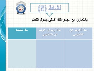 ‫عن‬ ‫أعرف‬ ‫ماذا‬
‫التلخيص‬
‫أعرف‬ ‫أن‬ ‫أريد‬ ‫ماذا‬
‫التلخيص‬ ‫عن‬
‫تعلمت‬ ‫ماذا‬
‫التعلم‬ ‫جدول‬ ‫اكملي‬ ‫مجموعتك‬ ‫مع‬ ‫بالتعاون‬
 