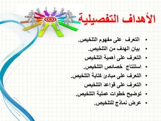 •‫التلخيص‬ ‫مفهوم‬ ‫على‬ ‫التعرف‬.
•‫التلخيص‬ ‫من‬ ‫الهدف‬ ‫بيان‬.
•‫التلخيص‬ ‫أهمية‬ ‫على‬ ‫التعرف‬
•‫التلخيص‬ ‫خصائص‬ ‫استنتاج‬.
•‫التلخيص‬ ‫كتابة‬ ‫مبادئ‬ ‫على‬ ‫التعرف‬.
•‫التلخيص‬ ‫قواعد‬ ‫على‬ ‫التعرف‬
•‫التلخيص‬ ‫عملية‬ ‫خطوات‬ ‫توضيح‬.
•‫نماذج‬ ‫عرض‬‫ل‬‫لتلخيص‬.
‫التفصيلية‬ ‫األهداف‬
 
