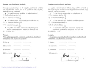 Θυμάμαι τους δεκαδικούς αριθμούςΘυμάμαι τους δεκαδικούς αριθμούςΘυμάμαι τους δεκαδικούς αριθμούςΘυμάμαι τους δεκαδικούς αριθμούς
Αν χωρίσω μια ποσότητα σε 10 ίσα μέρη, καθένα απ’ αυτά τα
ίσα μέρη λέγεται δέκατο, ενώ αν τη χωρίσω σε 100 ίσα μέρη,
καθένα λέγεται εκατοστό.
• Το ένα δέκατο της μονάδας το εκφράζουμε με :
⊙ Το δεκαδικό αριθμό 0,1
⊙ Το δεκαδικό κλάσμα
10
1
• Το ένα εκατοστό της μονάδας το εκφράζουμε με:
⊙ Το δεκαδικό αριθμό 0,01
⊙Το δεκαδικό κλάσμα
100
1
• Το μηδέν στο τέλος του δεκαδικού μέρους ενός
δεκαδικού αριθμού δεν επηρεάζει την αξία του.
Π.χ 12,30 = 12,3
ΆσκησηΆσκησηΆσκησηΆσκηση
1.Να γράψεις με μορφή δεκαδικού αριθμού και δεκαδικού
κλάσματος τους παρακάτω αριθμούς:
5 δέκατα ……………. ……………..
12 εκατοστά …………….. …………….
8 εκατοστά ……………. ……………..
125 εκατοστά ………….. ……………..
1
Θυμάμαι τους δεκαδικούς αριθμούςΘυμάμαι τους δεκαδικούς αριθμούςΘυμάμαι τους δεκαδικούς αριθμούςΘυμάμαι τους δεκαδικούς αριθμούς
Αν χωρίσω μια ποσότητα σε 10 ίσα μέρη, καθένα απ’ αυτά τα
ίσα μέρη λέγεται δέκατο, ενώ αν τη χωρίσω σε 100 ίσα μέρη,
καθένα λέγεται εκατοστό.
• Το ένα δέκατο της μονάδας το εκφράζουμε με :
⊙ Το δεκαδικό αριθμό 0,1
⊙ Το δεκαδικό κλάσμα
10
1
• Το ένα εκατοστό της μονάδας το εκφράζουμε με:
⊙ Το δεκαδικό αριθμό 0,01
⊙Το δεκαδικό κλάσμα
100
1
• Το μηδέν στο τέλος του δεκαδικού μέρους ενός
δεκαδικού αριθμού δεν επηρεάζει την αξία του.
Π.χ 12,30 = 12,3
ΆσκησηΆσκησηΆσκησηΆσκηση
1.Να γράψεις με μορφή δεκαδικού αριθμού και δεκαδικού
κλάσματος τους παρακάτω αριθμούς:
5 δέκατα ……………. ……………..
12 εκατοστά …………….. …………….
8 εκατοστά ……………. ……………..
125 εκατοστά ………….. ……………..
1
Επιμέλεια επανάληψης: Χρήστος Χαρμπής http://xristx.blogspot.gr σελ.107
 