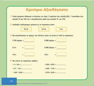 142
142
ÊñéôÞñéï Áîéïëüãçóçò
1. Ðüóá ÷ñÞìáôá ðëÞñùóå ï Áíôþíçò, áí ðÞñå 1 ôõñüðéôá ðïõ êüóôéæå 85ë., 1 óïêïëÜôá ðïõ
êüóôéæå 1 êáé 10ë. êáé 1 óïêïëáôïý÷ï ãÜëá ðïõ êüóôéæå 1 êáé 15ë;
2. Ó÷åäéÜæù åõèýãñáììá ôìÞìáôá ìå ôá ðáñáêÜôù ìÞêç.
3. Íá óõìðëçñþóù ôá ãñáìì. ðïõ ëåßðïõí þóôå íá ãßíïõí 5 êéëÜ ôá ðáñáêÜôù:
1.250 ãñáìì. + 2.480 ãñáìì. +
2,3 ê. + 4.200 ãñáìì. +
1,8 ê. + 3,4 ê. +
4. Íá êÜíåéò ôéò ðáñáêÜôù ðñÜîåéò:
• 2 + 3,4 = ........................ • 0,90 + 0,05 = ......................
• 2,7 – 1,4 = ...................... • 3,40 – 1,10 = ......................
• 1,40 – 0,20 = .................. • 0,70 + 0,20 = ......................
3,5 åê. 2,5 åê. 5 åê.
Επιμέλεια επανάληψης: Χρήστος Χαρμπής http://xristx.blogspot.gr σελ.130
 