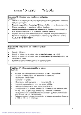 1
Κεφάλαια 15 έως 20 Τι έμαθα
Κεφάλαιο 15 «Θυμάμαι τους δεκαδικούς αριθμούς»
Έμαθα ότι:
 Όταν θέλω να μιλήσω για ένα μέρος της ακέραιας μονάδας χρησιμοποιώ δεκαδικούς
αριθμούς ή κλάσματα
 Μια ακέραια μονάδα ισοδυναμεί με 10 δέκατα. Καθένα από αυτά ονομάζεται «ένα
δέκατο» και γράφεται ─ ως κλάσμα ή 0,1 ως δεκαδικός.
 Μια ακέραια μονάδα ισοδυναμεί με 100 εκατοστά. Καθένα από αυτά ονομάζεται
«ένα εκατοστό» και γράφεται ─ ως κλάσμα ή 0,01 ως δεκαδικός.
 Το μηδέν στο τέλος του δεκαδικού αριθμού δεν επηρεάζει την αξία του. Μπορούμε
δηλαδή να διαγράψουμε ή να προσθέσουμε μηδενικά χωρίς να αλλάζει ο αριθμός.
Π.χ. 0,40=0,4=0,400000000000
Κεφάλαιο 16 «Νομίσματα και δεκαδικοί αριθμοί»
Έμαθα ότι:
 1 ευρώ = 100 λεπτά
 Μπορώ να γράψω ένα χρηματικό ποσό με δεκαδική μορφή π.χ. 3,65 €
 Μπορώ να γράψω ένα χρηματικό ποσό με αναλυτική μορφή (συμμιγή αριθμό) π.χ.
3 ευρώ και 65 λεπτά.
 Έμαθα πώς σχετίζονται τα κέρματα με τα χαρτονομίσματα.
Κεφάλαιο 17 «Μετρώ και εκφράζω το μήκος»
Έμαθα ότι:
 Η μονάδα που χρησιμοποιώ για να μετρήσω το μήκος είναι το μέτρο.
 1 μέτρο = 10 δεκατόμετρα = 100 εκατοστά = 1000 χιλιοστά
1 δεκατόμετρο = 10 εκατοστά
1 εκατοστό = 10 χιλιοστά
 1 δεκατόμετρο ισοδυναμεί με το —— του μέτρου ή 0,1 μ.
 1 εκατοστό ισοδυναμεί με το —— του μέτρου ή 0,01 μ.
 1 χιλιοστό ισοδυναμεί με το —— του μέτρου ή 0,001 μ.
 Το μήκος γράφεται ως φυσικός αριθμός π.χ. 120 εκατοστά, ως δεκαδικός αριθ-
μός π.χ. 1,20 μ. ή ως συμμιγής αριθμός π.χ. 1 μέτρο και 20 εκατοστά.
 Για να μετατρέψω τα μέτρα σε δεκατόμετρα, εκατοστά ή χιλιοστά, πολλαπλασιά-
ζω με το 10 το 100 ή το 1000 αντίστοιχα.
 Για να μετατρέψω τα χιλιοστά, τα εκατοστά ή τα δεκατόμετρα σε μέτρα, διαιρώ με
το 1000, το 100 ή το 10 αντίστοιχα.
Επιμέλεια επανάληψης: Χρήστος Χαρμπής http://xristx.blogspot.gr σελ.1
 