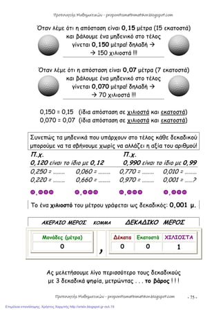 - 75 -
Όταν λέμε ότι η απόσταση είναι 0,15 μέτρα (15 εκατοστά)
και βάλουμε ένα μηδενικό στο τέλος
γίνεται 0,150 μέτρα! δηλαδή 
 150 χιλιοστά !!!
Όταν λέμε ότι η απόσταση είναι 0,07 μέτρα (7 εκατοστά)
και βάλουμε ένα μηδενικό στο τέλος
γίνεται 0,070 μέτρα! δηλαδή 
 70 χιλιοστά !!!
0,150 = 0,15 (ίδια απόσταση σε χιλιοστά και εκατοστά)
0,070 = 0,07 (ίδια απόσταση σε χιλιοστά και εκατοστά)
Συνεπώς τα μηδενικά που υπάρχουν στο τέλος κάθε δεκαδικού
μπορούμε να τα σβήνουμε χωρίς να αλλάζει η αξία του αριθμού!
Π.χ. Π.χ.
0,120 είναι το ίδιο με 0,12 0,990 είναι το ίδιο με 0,99
0,250 = ……… 0,060 = ……… 0,770 = ……… 0,010 = ………
0,220 = ……… 0,660 = ……… 0,970 = ……… 0,001 = ……?
, , , ,
Το ένα χιλιοστό του μέτρου γράφεται ως δεκαδικός: 0,001 μ.
ΑΚΕΡΑΙΟ ΜΕΡΟΣ ΚΟΜΜΑ ∆ΕΚΑ∆ΙΚΟ ΜΕΡΟΣ
Ας μελετήσουμε λίγο περισσότερο τους δεκαδικούς
με 3 δεκαδικά ψηφία, μετρώντας . . . το βάρος ! ! !
Μονάδες (μέτρα)
0 ,
∆έκατα Εκατοστά ΧΙΛΙΟΣΤΑ
0 0 1
Προπονητής Μαθηματικών - proponitismathimatikon.blogspot.com
Προπονητής Μαθηματικών - proponitismathimatikon.blogspot.com
Επιμέλεια επανάληψης: Χρήστος Χαρμπής http://xristx.blogspot.gr σελ.19
 