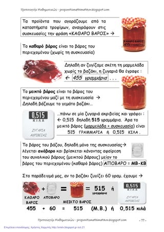 - 77 -
Τα προϊόντα που αγοράζουμε από τα
καταστήματα τροφίμων, αναγράφουν στις
συσκευασίες την φράση «ΚΑΘΑΡΟ ΒΑΡΟΣ» 
Το καθαρό βάρος είναι το βάρος του
περιεχομένου (χωρίς τη συσκευασία)
∆ηλαδή αν ζυγίζαμε σκέτη τη μαρμελάδα
χωρίς το βαζάκι, η ζυγαριά θα έγραφε :
 455 γραμμάρια . . .
Το μεικτό βάρος είναι το βάρος του
περιεχομένου μαζί με τη συσκευασία 
∆ηλαδή βάζουμε το γεμάτο βαζάκι…
…πάνω σε μία ζυγαριά ακριβείας και γράφει :
 0,515 δηλαδή 515 γραμμάρια. Άρα το
μεικτό βάρος (μαρμελάδα + συσκευασία) είναι
515 ΓΡΑΜΜΑΡΙΑ ή 0,515 ΚΙΛΑ .
Το βάρος του βάζου, δηλαδή μόνο της συσκευασίας
λέγεται απόβαρο και βρίσκεται κάνοντας αφαίρεση
του συνολικού βάρους (μεικτού βάρους) μείον το
βάρος του περιεχομένου (καθαρό βάρος) ΑΠΟΒΑΡΟ = ΜΒ-ΚΒ
Στο παράδειγμά μaς, αν το βαζάκι ζυγίζει 60 γραμ. έχουμε 
455 + 60 = 515 (Μ.Β.) ή 0,515 κιλά
Προπονητής Μαθηματικών - proponitismathimatikon.blogspot.com
Προπονητής Μαθηματικών - proponitismathimatikon.blogspot.com
Επιμέλεια επανάληψης: Χρήστος Χαρμπής http://xristx.blogspot.gr σελ.21
 