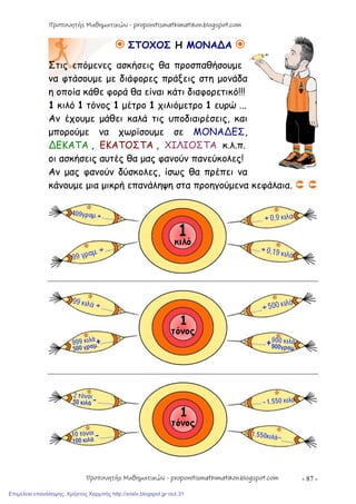 - 87 -
 ΣΤΟΧΟΣ Η ΜΟΝΑ∆Α 
Στις επόμενες ασκήσεις θα προσπαθήσουμε
να φτάσουμε με διάφορες πράξεις στη μονάδα
η οποία κάθε φορά θα είναι κάτι διαφορετικό!!!
1 κιλό 1 τόνος 1 μέτρο 1 χιλιόμετρο 1 ευρώ ...
Αν έχουμε μάθει καλά τις υποδιαιρέσεις, και
μπορούμε να χωρίσουμε σε ΜΟΝΑ∆ΕΣ,
∆ΕΚΑΤΑ , ΕΚΑΤΟΣΤΑ , ΧΙΛΙΟΣΤΑ κ.λ.π.
οι ασκήσεις αυτές θα μας φανούν πανεύκολες!
Αν μας φανούν δύσκολες, ίσως θα πρέπει να
κάνουμε μια μικρή επανάληψη στα προηγούμενα κεφάλαια.  
Προπονητής Μαθηματικών - proponitismathimatikon.blogspot.com
Προπονητής Μαθηματικών - proponitismathimatikon.blogspot.com
Επιμέλεια επανάληψης: Χρήστος Χαρμπής http://xristx.blogspot.gr σελ.31
 