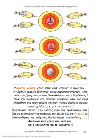 - 88 -
Ο σωστός παίκτης ξέρει πότε είναι έτοιμος να συνεχίσει. . .
Αν βρήκες αρκετές δυσκολίες στους παραπάνω στόχους , τότε
πρέπει να βρεις αυτό που σε δυσκολεύει και να το διορθώσεις !
Πριν προχωρήσουμε στο επόμενο κεφάλαιο, κάνε μια καλή
επανάληψη στα προηγούμενα και όταν νιώσεις απόλυτα έτοιμος
σ υ ν ε χ ί ζ ο υ μ ε μ ε φ ό ρ α ! ! !
Να θυμάσαι πάντα  αν αφήνεις κενά στις προπονήσεις σου,
θα σε ακολουθούν για πάντα και στο μέλλον δεν θα αντέχεις να
ακολουθήσεις τις επόμενες δυσκολότερες προπονήσεις . . .
Αφιέρωσε λίγο χρόνο στα κενά σου,
και o προπονητής θα σε περιμένει ;)
Προπονητής Μαθηματικών - proponitismathimatikon.blogspot.com
Προπονητής Μαθηματικών - proponitismathimatikon.blogspot.com
Επιμέλεια επανάληψης: Χρήστος Χαρμπής http://xristx.blogspot.gr σελ.32
 