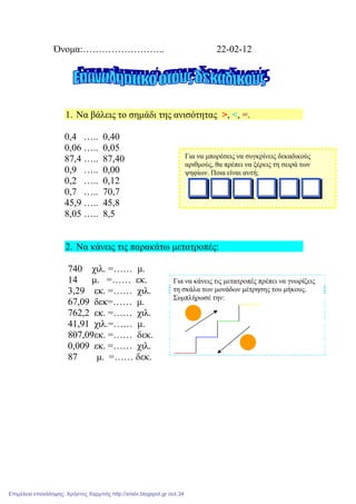 Όνομα:…………………….. 22-02-12
1. Να βάλεις το σημάδι της ανισότητας >, <, =.
0,4 ….. 0,40
0,06 ….. 0,05
87,4 ….. 87,40
0,9 ….. 0,00
0,2 ….. 0,12
0,7 ….. 70,7
45,9 ….. 45,8
8,05 ….. 8,5
2. Να κάνεις τις παρακάτω μετατροπές:
740 χιλ. =…… μ.
14 μ. =…… εκ.
3,29 εκ. =…… χιλ.
67,09 δεκ=…… μ.
762,2 εκ. =…… χιλ.
41,91 χιλ.=…… μ.
807,09εκ. =…… δεκ.
0,009 εκ. =…… χιλ.
87 μ. =…… δεκ.
Για να μπορέσεις να συγκρίνεις δεκαδικούς
αριθμούς, θα πρέπει να ξέρεις τη σειρά των
ψηφίων. Ποια είναι αυτή;
,
Για να κάνεις τις μετατροπές πρέπει να γνωρίζεις
τη σκάλα των μονάδων μέτρησης του μήκους.
Συμπλήρωσέ την:
Επιμέλεια επανάληψης: Χρήστος Χαρμπής http://xristx.blogspot.gr σελ.34
 