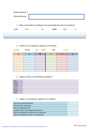 Φύλλο εργασίας 5
Ονοματεπώνυμο:
1. Βάζω τους δεκαδικούς αριθμούς στη σειρά αρχίζοντας από τον μικρότερο.
4,768 5,001 5 4,7 5,010 4,75 5,1
2. Τοποθετώ τους παρακάτω αριθμούς στον πίνακα:
31,246 127,02 0,2 6,317 108 20,020 3
Ε Δ Μ δ ε χ
3. Γράφω με λέξεις τους δεκαδικούς αριθμούς:
32,1
40,04
1,009
2,15
5,034
0,03
4. Γράφω τους δεκαδικούς αριθμούς που διαβάζω:
πέντε και τέσσερα δέκατα
έξι και πέντε εκατοστά
δύο και εφτά χιλιοστά
ογδόντα πέντε και δεκατρία εκατοστά
εξήντα τέσσερα και τριάντα πέντε χιλιοστά
εφτά και διακόσια είκοσι εννιά χιλιοστά
Βίλη Καραγιώργου
Επιμέλεια επανάληψης: Χρήστος Χαρμπής http://xristx.blogspot.gr σελ.45
 