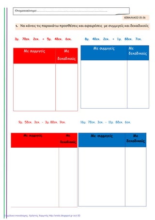 1. Να κάνεις τις παρακάτω προσθέσεις και αφαιρέσεις με συμμιγείς και δεκαδικούς
3µ. 7δεκ. 2εκ. + 5µ. 4δεκ. 6εκ.... 8µ. 4δεκ. 2εκ. + 1µ. 8δεκ. 7εκ.
9µ. 5δεκ. 3εκ. - 3µ. 8δεκ. 9εκ. 16µ. 7δεκ. 3εκ. - 11µ. 8δεκ. 6εκ.
Με συµµιγείς Με
δεκαδικούς
Με συµµιγείς Με
δεκαδικούς
Με συµµιγείς Με
δεκαδικούς
Με συµµιγείς Με
δεκαδικούς
Ονοµατεπώνυµο:…………………………………………………………..
ΚΕΦΑΛΛΑΙΟ 15-26
Επιμέλεια επανάληψης: Χρήστος Χαρμπής http://xristx.blogspot.gr σελ.50
 