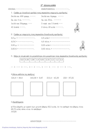 3333ΗΗΗΗ
ΕΠΑΝΑΛΗΨΗΕΠΑΝΑΛΗΨΗΕΠΑΝΑΛΗΨΗΕΠΑΝΑΛΗΨΗ
ΟΝΟΜΑ : ……………………. ΗΜΕΡΟΜΗΝΙΑ: …………………..
1. Γράφω με δεκαδικό αριθμό τους παρακάτω συμμιγείς αριθμούς:
3κιλά και 400 γραμμ. ……… 5κιλά και 4γραμμ. ………
2μ. και 4 εκ. …………. 4μ. και 35εκ. …………
1κιλό και 50γραμμ. …… 5 ευρώ και 5 λεπτά ……
45 λεπτά ………. 3 τόνοι 40 κιλά ………….
2. Γράφω με συμμιγείς τους παρακάτω δεκαδικούς αριθμούς:
4,6 μ. = ………………………. 4,6 κιλά = …………………………
4,6 € = …………………….. 4,6 τόνοι = …………………………
3,05 μ. = …………………… 3,05 κιλά = …………………………
3,05 € = ……………………. 3,05 τόνοι = ……………………….
3. Βάζω σε σειρά από το μεγαλύτερο στο μικρότερο τους παρακάτω δεκαδικούς αριθμούς:
0,9 0,36 1,98 1,8 0,01 2,35 2,5 1,2 2,4
… > …… > ……. > … > ……. > …… > …… > …… > ……..
4.Κάνω κάθετα τις πράξεις:
124,8 + 89.9 345,09 + 9,87 213,4 – 45,39 259 – 87,25
5.Προβλήματα
α) Ένα βαρέλι με κρασί έχει μεικτό βάρος 92,5 κιλά. Αν το καθαρό του βάρος είναι
86,75 κιλά, πόσο είναι το απόβαρο;
ΛΥΣΗ
ΑΠΑΝΤΗΣΗ : ………………………………………………
Επιμέλεια επανάληψης: Χρήστος Χαρμπής http://xristx.blogspot.gr σελ.58
 