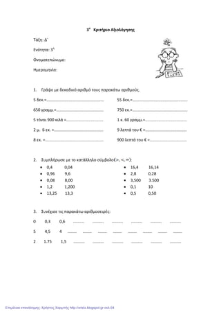 3ο
Κριτήριο Αξιολόγησης
Τάξη: Δ΄
Ενότητα: 3η
Ονοματεπώνυμο:
Ημερομηνία:
1. Γράψε με δεκαδικό αριθμό τους παρακάτω αριθμούς.
5 δεκ.=...................................................
650 γραμμ.=..........................................
5 τόνοι 900 κιλά =.................................
2 μ. 6 εκ. =............................................
8 εκ. =....................................................
55 δεκ.=.................................................
750 εκ.=.................................................
1 κ. 60 γραμμ.=.....................................
9 λεπτά του € =.....................................
900 λεπτά του € =.................................
2. Συμπλήρωσε με το κατάλληλο σύμβολο :
• 0,4 0,04
• 0,96 9,6
• 0,08 8,00
• 1,2 1,200
• 13,25 13,3
• 16,4 16,14
• 2,8 0,28
• 3,500 3.500
• 0,1 10
• 0,5 0,50
3. Συνέχισε τις παρακάτω αριθμοσειρές:
0 0,3 0,6 .......... .......... .......... .......... .......... ..........
5 4,5 4 ........ ........ ........ ........ ........ ........ ........ ........
2 1.75 1,5 .......... .......... .......... .......... .......... ..........
Επιμέλεια επανάληψης: Χρήστος Χαρμπής http://xristx.blogspot.gr σελ.64
 