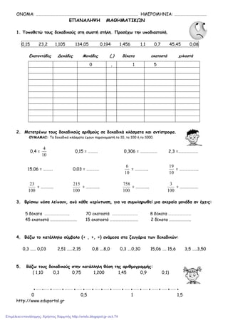 ΟΝΟΜΑ: ……………………………………………………………………………………………… ΗΜΕΡΟΜΗΝΙΑ: …………………………….
ΕΠΑΝΑΛΗΨΗ ΜΑΘΗΜΑΤΙΚΩΝ
1. Τοποθετώ τους δεκαδικούς στη σωστή στήλη. Προσέχω την υποδιαστολή.
0,15 23,2 1,105 134,05 0,194 1,456 1,1 0,7 45,45 0,08
Εκατοντάδες Δεκάδες Μονάδες (,) δέκατα εκατοστά χιλιοστά
2. Μετατρέπω τους δεκαδικούς αριθµούς σε δεκαδικά κλάσµατα και αντίστροφα.
ΘΥΜΑΜΑΙ: Τα δεκαδικά κλάσµατα έχουν παρανοµαστή το 10, το 100 ή το 1000.
0,4 =
10
4
0,15 = ………. 0,306 = ……………… 2,3 =…………………
15,06 = ………. 0,03 = ………….
10
6
= …………..
10
19
= ………………..
100
23
= ………….
100
215
= …………..
100
758
= …………..
100
3
= ……………….
3. Βρίσκω πόσα λείπουν, από κάθε περίπτωση, για να συµπληρωθεί µια ακεραία µονάδα αν έχεις:
5 δέκατα …………………….. 70 εκατοστά ……………………… 8 δέκατα ……………………
45 εκατοστά ………………………. 15 εκατοστά ………………………… 2 δέκατα …………………..
4. Βάζω το κατάλληλο σύµβολο (< , >, =) ανάµεσα στα ζευγάρια των δεκαδικών:
0,3 …… 0,03 2,51 ……2,15 0,8 ….8,0 0,3 ….0,30 15,06 …. 15,6 3,5 …..3,50
5. Βάζω τους δεκαδικούς στην κατάλληλη θέση της αριθµογραµµής:
( 1,10 0,3 0,75 1,200 1,45 0,9 0,1)
.…….…….……….……….…….…….…….…….……….…….…….…….……..…….…….
0 0,5 1 1,5
http://www.eduportal.gr
0 , 1 5
Επιμέλεια επανάληψης: Χρήστος Χαρμπής http://xristx.blogspot.gr σελ.74
 