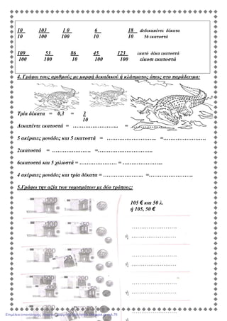 10 103 1 0 6 18 deδεκαπέντε δέκατα
10 100 100 10 10 56 εκατοστά
109 53 86 45 123 εκατό δέκα εκατοστά
100 100 10 100 100 είκοσι εκατοστά
4. Γράφω τους αριθµούς µε µορφή δεκαδικού ή κλάσµατος όπως στο παράδειγµα:
Τρία δέκατα = 0,3 = 3
10
∆εκαπέντε εκατοστά = …………………….. = ………………..
5 ακέραιες µονάδες και 5 εκατοστά = ………………………. =……………………
2εκατοστά = …………………. =………………………….
6εκατοστά και 5 χιλιοστά = ………………… = …………………..
4 ακέραιες µονάδες και τρία δέκατα = ………………….. =…………………….
5.Γράφω την αξία των νοµισµάτων µε δύο τρόπους:
105 € και 50 λ.
ή 105, 50 €
Επιμέλεια επανάληψης: Χρήστος Χαρμπής http://xristx.blogspot.gr σελ.76
 