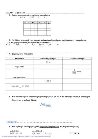 ΟΝΟΜΑΤΕΠΩΝΥΜΟ: …………………………………………………………………………….
1. Γράψε τους παρακάτω αριθµούς στον άβακα:
31,256 127,02 0,2 6,317
2. Να βάλεις στη σειρά τους παρακάτω δεκαδικούς αριθµούς αρχίζοντας απ’ το µικρότερο.
( Να χρησιµοποιήσεις το σηµάδι της ανισότητας )
4,728 5,001 5 4,7 5,010 4,75 5,1
……………………………………………………………………………………………….
3. Συµπληρώνω ό,τι λείπει:
Ονοµασία ∆εκαδικός αριθµός ∆εκαδικό κλάσµα
0,7 µ.
62 χιλιοστά
1000
2
του κ.
500 γραµµάρια
1,35 €
15 κιλά και
4
1
του κιλού
4. Ένα καλάθι γεµάτο κεράσια έχει µεικτό βάρος 7,350 κιλά. Το απόβαρο είναι 930 γραµµάρια.
Πόσο είναι το καθαρό βάρος;
Απάντηση: ………………………………………………………………
5. Υπολόγισε µε κάθετη πράξη στο τετράδιο µαθηµατικών τις παρακάτω πράξεις:
α) 1- 0,005 γ)35,004-6,1 =
β) 25,799+2,25 δ)1,230.+ 3122,7 +15 = ΣΠΥΡΕΤΑ
Ε ∆ Μ , δ ε χ
Επιμέλεια επανάληψης: Χρήστος Χαρμπής http://xristx.blogspot.gr σελ.87
 