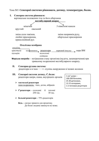 Тема №5: Сенсорні системи рівноваги, дотику, температури, болю.
I. Сенсорна система рівноваги:
вертикальне положення тіла та його обертання
вестибулярний апарат
мішечки 3 півколові канали
круглий овальний
зміна сили тяжіння, зміни напрямків руху,
лінійні прискорення, обертальні прискорення
прямолінійний рух
Отолітова мембрана
отоліти
кристали подразнюють рецептори нервовий імпульс кора ВМ
кальцію волоскові
клітини
Морська хвороба - погіршення стану організма (нудота, запаморочення) при
тривалому подразненні вестибулярного апарату.
II. Сенсорна рухова система:
рецептори в м`язах ступінь напруження м`язових волокон
III. Сенсорні системи дотику, t0
, болю:
рецептори шкіри, язика, внутрішніх органів
 тактильні рецептори
типи подразнень: тиск, дотик, вібрація
 t0
рецептори – холодові й теплові
250 тис. 30 тис.
 больові рецептори – 75% рецепторів
Біль – сигнал тривоги для організму.
До болю людина звикнути не може.
1 см2
шкіри –
100-200 больових,
25-30 дотикових,
12-15 холодових,
1-2 теплових рецепторів
 