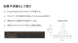 効果予測器として使う
● PropensityForestでTree＝５で学習する。
● テストデータで効果の予測をしてみる（predictを使う）
● 推定された効果の平均値は０．０５９
● 傾向スコアマッチングで出した結果と類似。
 