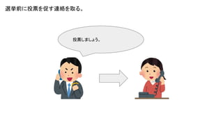 投票しましょう。
選挙前に投票を促す連絡を取る。
 