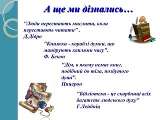 А ще ми дізнались…А ще ми дізнались…
"Люди перестають мислити, коли
перестають читати" .
Д.Дідро
"Книжки - кораблі думки, що
мандрують хвилями часу".
Ф. Бекон
"Дім, в якому немає книг,
подібний до тіла, позбутого
душі".
Цицерон
"Бібліотеки - це скарбниці всіх
багатств людського духу"
Г.Лейбніц
 