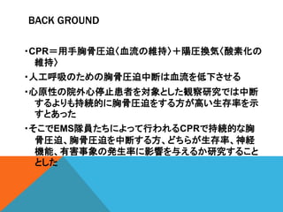 BACK GROUND
?CPRعǈRȡѪξS֡ꖈRQݡػ
S֡
?˹ΤعǈRжϤѪ¤
?ԭԤԺֹͣߤȤQоǤж
־AĤعǈRȤ򤹤뷽ߤʤʾ
Ȥä
?EMS꠆TˤäФCPRǳ־AĤ
ǈRȡعǈRȤжϤ뷽ɤ餬ʡU
CܡкΰkʤӰ푤뤨뤫о뤳
Ȥ
 