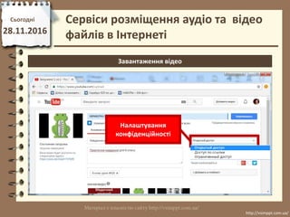 Сьогодні
28.11.2016
http://vsimppt.com.ua/
http://vsimppt.com.ua/
Сервіси розміщення аудіо та відео
файлів в Інтернеті
Завантаження відео
Налаштування
конфіденційності
 