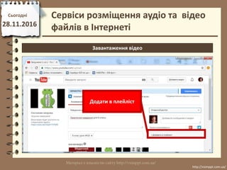 Сьогодні
28.11.2016
http://vsimppt.com.ua/
http://vsimppt.com.ua/
Сервіси розміщення аудіо та відео
файлів в Інтернеті
Завантаження відео
Додати в плейліст
 