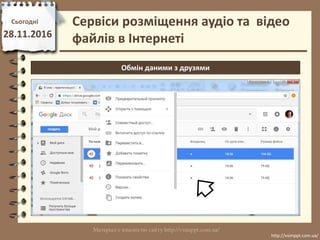 Сьогодні
28.11.2016
http://vsimppt.com.ua/
http://vsimppt.com.ua/
Сервіси розміщення аудіо та відео
файлів в Інтернеті
Обмін даними з друзями
 