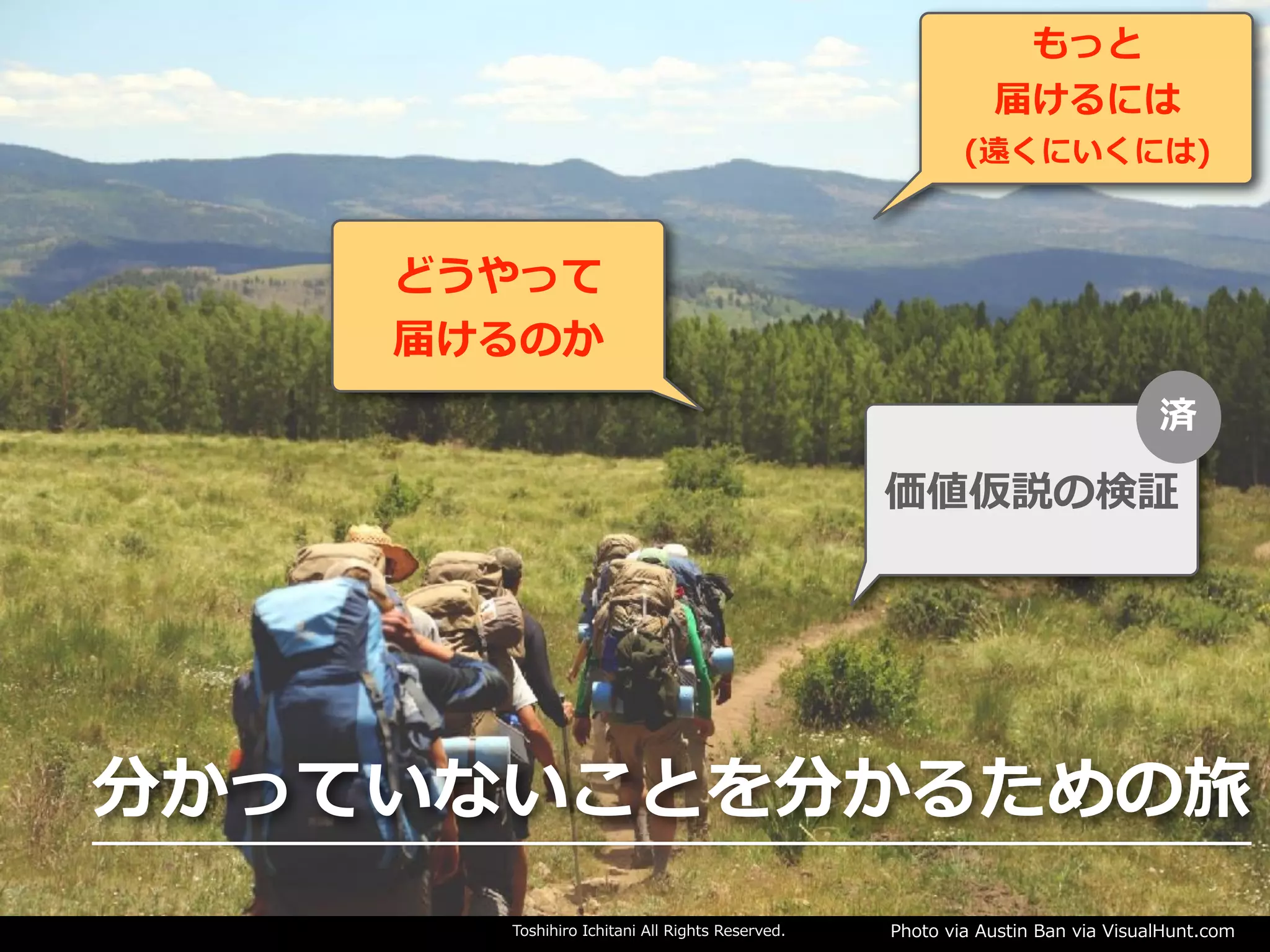 Toshihiro Ichitani All Rights Reserved. Photo via Austin Ban via VisualHunt.com
価値仮説の検証
どうやって
届けるのか
もっと
届けるには
(遠くにいくには)
分かっていないことを分かるための旅
済
 