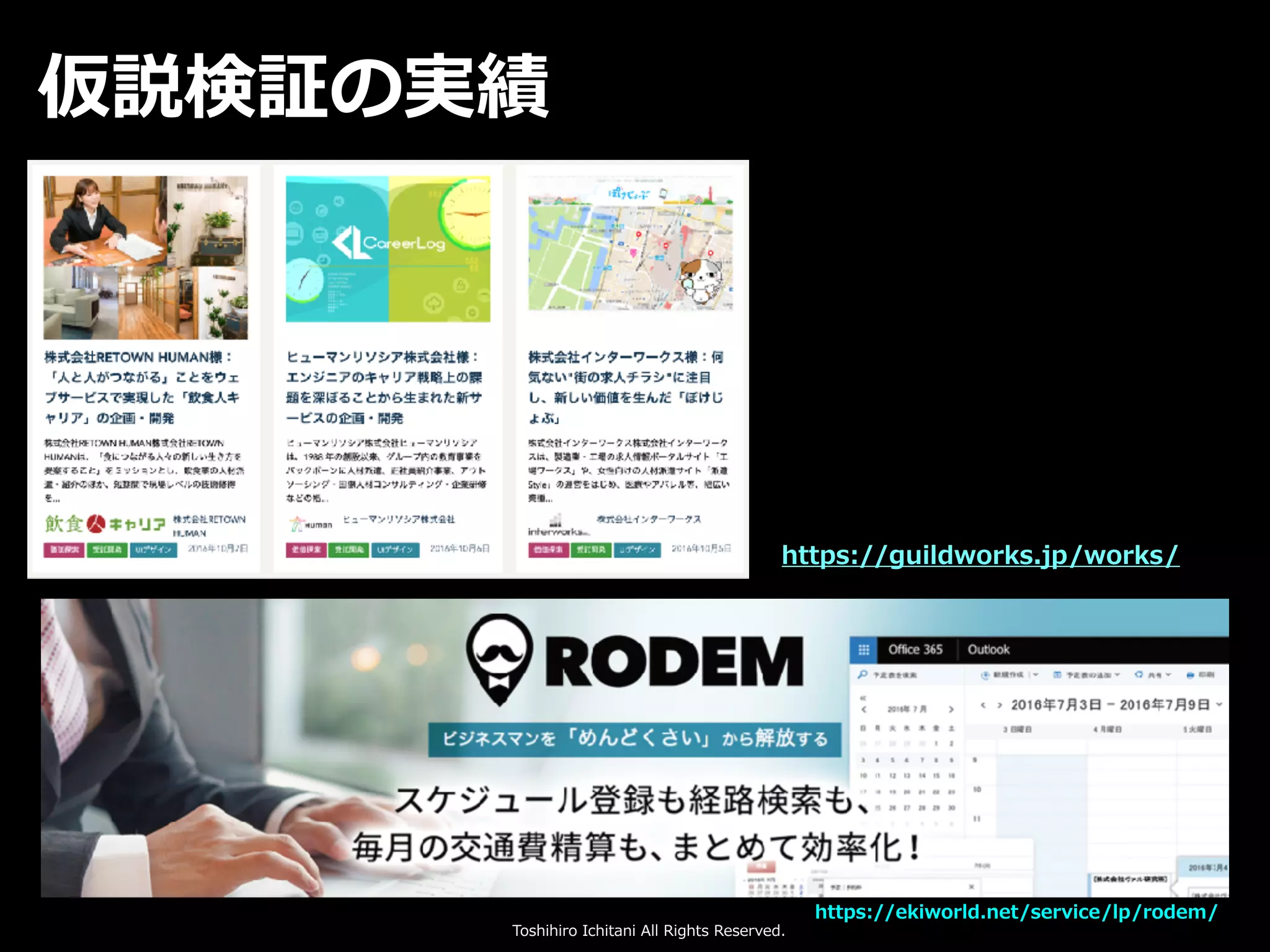 Toshihiro Ichitani All Rights Reserved.
https://guildworks.jp/works/
仮説検証の実績
https://ekiworld.net/service/lp/rodem/
 