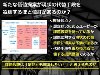 Toshihiro Ichitani All Rights Reserved.
新たな価値提案が現状の代替⼿段を
凌駕するほど値打があるのか？
<検証観点>
・想定状況にあるユーザーが
 課題仮説を持っているか
・課題に対する現状の代替
 ⼿段に切実な不満があるか
・代替⼿段を乗り換えるに
 値する提案価値であるか
課題仮説は「是⾮とも解決したい！」と思えるものか
 