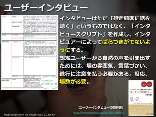 Toshihiro Ichitani All Rights Reserved.
ユーザーインタビュー
インタビューはただ「想定顧客に話を
聴く」というものではなく、「インタ
ビュースクリプト」を作成し、インタ
ビュアーによってばらつきがでないよ
うにする。
想定ユーザーから⾃然の声を引き出す
ためには、場の雰囲気、⾔葉づかい、
進⾏に注意を払う必要がある。相応、
場数が必要。
Photo credit: imtﬁ via Visual Hunt / CC BY-SA
https://www.amazon.co.jp/dp/B00XXLMJRU/
「ユーザーインタビューの教科書」
 