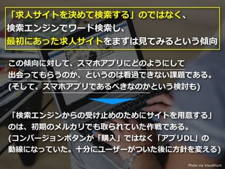 Toshihiro Ichitani All Rights Reserved.
「求⼈サイトを決めて検索する」のではなく、
検索エンジンでワード検索し、
最初にあった求⼈サイトをまずは⾒てみるという傾向
この傾向に対して、スマホアプリにどのようにして
出会ってもらうのか、というのは看過できない課題である。
(そして、スマホアプリであるべきなのかという検討も)
「検索エンジンからの受け⽌めのためにサイトを⽤意する」
のは、初期のメルカリでも取られていた作戦である。
(コンバージョンボタンが「購⼊」ではなく「アプリDL」の
動線になっていた。⼗分にユーザーがついた後に⽅針を変える)
Photo via VisualHunt
 