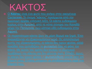  Ο Κάκτος είναι ένα φυτό που ανήκει στην οικογένεια
Cactaceae. Το όνομα "κάκτος" προέρχεται από την
ομώνυμη αρχαία ελληνική λέξη. Οι κάκτοι ευδοκιμούν
κυρίως στην Αμερική, από τα νότια σύνορα του Καναδά
μέχρι την Παταγονία, ενώ κάποια είδη ευδοκιμούν στην
Αφρική.
 Οι περισσότεροι κάκτοι ζουν σε μέρη θερμά και ξηρά. Έτσι
αναγκάζονται να εξοικονομήσουν νερό. Ως αποτέλεσμα
αυτής της εξοικονόμησης, οι κάκτοι δεν έχουν φύλλα, αλλά
αγκάθια που εμποδίζουν τα φυτοφάγα ζώα να φάνε τον
κάκτο. Με αυτόν τον τρόπο δεν ανοίγει το εξωτερικό
περίβλημα του κάκτου και δεν χάνεται νερό. Επειδή, όμως,
οι κάκτοι δεν έχουν φύλλα, η φωτοσύνθεση γίνεται από τον
βλαστό τους. Επίσης μπορούν να αποθηκεύσουν νερό στο
βλαστό τους.
 