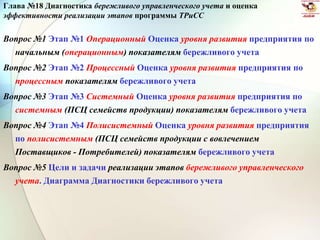 Глава №18 Диагностика бережливого управленческого учета и оценка
эффективности реализации этапов программы ТРиСС
Вопрос №1 Этап №1 Операционный Оценка уровня развития предприятия по
начальным (операционным) показателям бережливого учета
Вопрос №2 Этап №2 Процессный Оценка уровня развития предприятия по
процессным показателям бережливого учета
Вопрос №3 Этап №3 Системный Оценка уровня развития предприятия по
системным (ПСЦ семейств продукции) показателям бережливого учета
Вопрос №4 Этап №4 Полисистемный Оценка уровня развития предприятия
по полисистемным (ПСЦ семейств продукции с вовлечением
Поставщиков - Потребителей) показателям бережливого учета
Вопрос №5 Цели и задачи реализации этапов бережливого управленческого
учета. Диаграмма Диагностики бережливого учета
 