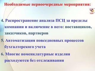 Необходимые первоочередные мероприятия:
4. Распространение анализа ПСЦ за пределы
компании и включение в него: поставщиков,
заказчиков, партнеров
5. Автоматизация повседневных процессов
бухгалтерского учета
6. Многие номенклатурные изделия
расходуются без отслеживания
 