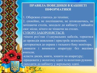 ПРАВИЛА ПОВЕДІНКИ В КАБІНЕТІ
ІНФОРМАТИКИ
1. Обережно ставтесь до техніки;
2. спокійно, не поспішаючи, не штовхаючись, не
зачіпаючи столів, заходьте до кабінету і займайте
своє місце, нічого не чіпаючи на столах.
СУВОРО ЗАБОРОНЯЄТЬСЯ:
-чіпати роз’єми з’єднувальних кабелів, торкатися
до проводів живлення і пристроїв заземлення;
-доторкатися до екрана з тильного боку монітора;
-вмикати і вимикати апаратуру без вказівки
вчителя;
-класти диски, книги, зошити на апаратуру;
-працювати у вологому одязі та вологими руками;
-заходити до кабінету у верхньому одязі.
ПРАВИЛА ПОВЕДІНКИ В КАБІНЕТІ
ІНФОРМАТИКИ
1. Обережно ставтесь до техніки;
2. спокійно, не поспішаючи, не штовхаючись, не
зачіпаючи столів, заходьте до кабінету і займайте
своє місце, нічого не чіпаючи на столах.
СУВОРО ЗАБОРОНЯЄТЬСЯ:
-чіпати роз’єми з’єднувальних кабелів, торкатися
до проводів живлення і пристроїв заземлення;
-доторкатися до екрана з тильного боку монітора;
-вмикати і вимикати апаратуру без вказівки
вчителя;
-класти диски, книги, зошити на апаратуру;
-працювати у вологому одязі та вологими руками;
-заходити до кабінету у верхньому одязі.
 
