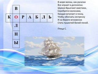 В
К О Р А Б Л Ь
Л
Н
Ы
В море волны, как русалки
Все играют в догонялки.
Шумно брызгают хвостами,
Серебрятся волосами,
Каждая вступает в гонку,
Чтобы обогнать сестренку
И на береге мгновенно
Стать пушистой белой пеной.
Птица С.
 