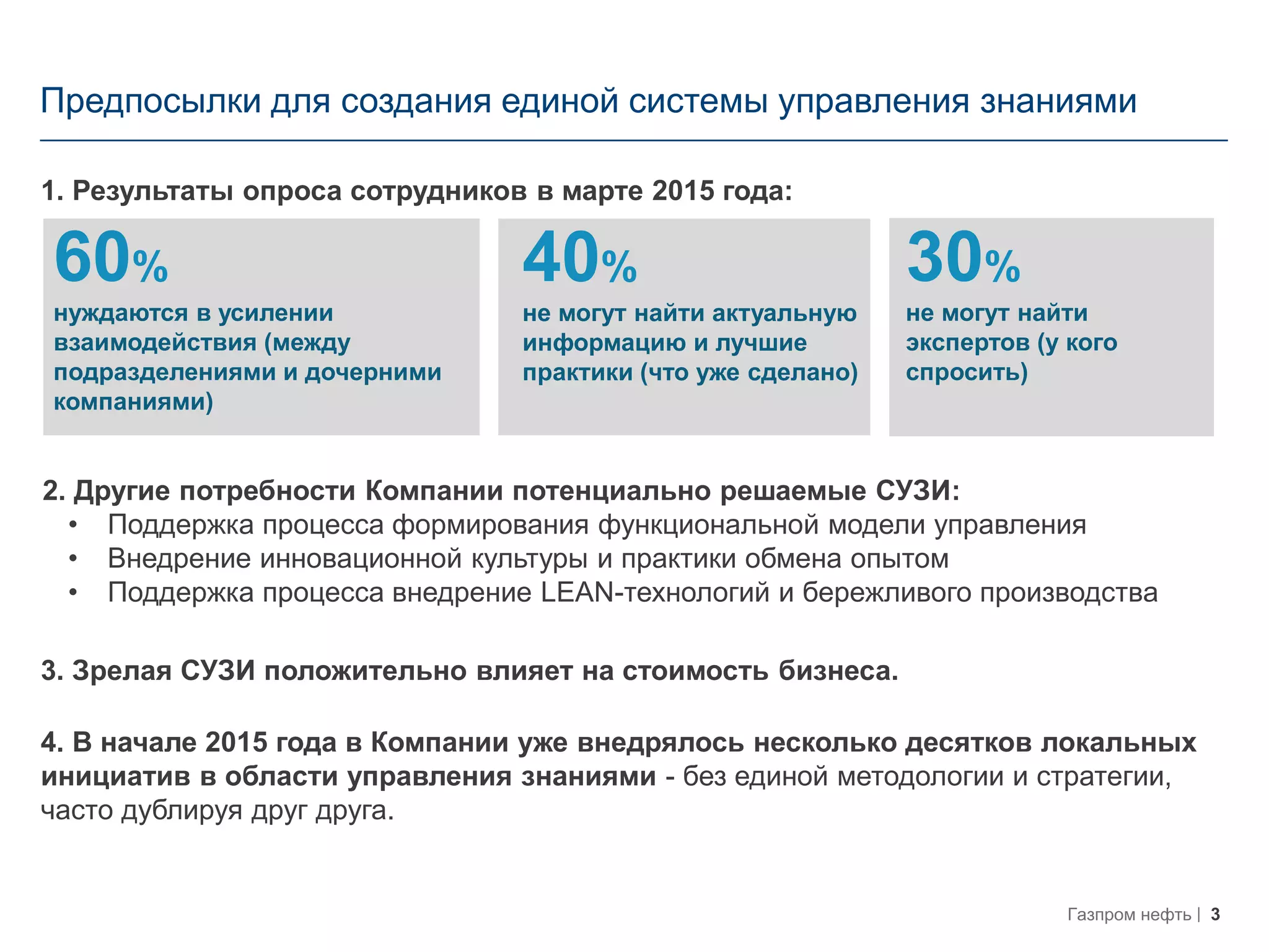3Газпром нефть
Предпосылки для создания единой системы управления знаниями
2. Другие потребности Компании потенциально решаемые СУЗИ:
• Поддержка процесса формирования функциональной модели управления
• Внедрение инновационной культуры и практики обмена опытом
• Поддержка процесса внедрение LEAN-технологий и бережливого производства
1. Результаты опроса сотрудников в марте 2015 года:
4. В начале 2015 года в Компании уже внедрялось несколько десятков локальных
инициатив в области управления знаниями - без единой методологии и стратегии,
часто дублируя друг друга.
3. Зрелая СУЗИ положительно влияет на стоимость бизнеса.
30%
не могут найти
экспертов (у кого
спросить)
40%
не могут найти актуальную
информацию и лучшие
практики (что уже сделано)
60%
нуждаются в усилении
взаимодействия (между
подразделениями и дочерними
компаниями)
 