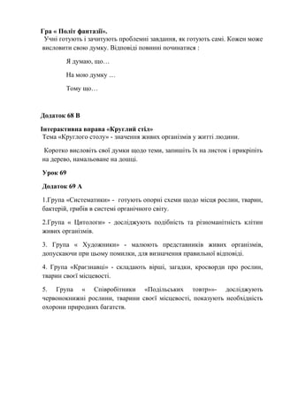 Гра « Політ фантазії».
Учні готують і зачитують проблемні завдання, як готують самі. Кожен може
висловити свою думку. Відповіді повинні починатися :
Я думаю, що…
На мою думку …
Тому що…
Додаток 68 В
Інтерактивна вправа «Круглий стіл»
Тема «Круглого столу» - значення живих організмів у житті людини.
Коротко висловіть свої думки щодо теми, запишіть їх на листок і прикріпіть
на дерево, намальоване на дошці.
Урок 69
Додаток 69 А
1.Група «Систематики» - готують опорні схеми щодо місця рослин, тварин,
бактерій, грибів в системі органічного світу.
2.Група « Цитологи» - досліджують подібність та різноманітність клітин
живих організмів.
3. Група « Художники» - малюють представників живих організмів,
допускаючи при цьому помилки, для визначення правильної відповіді.
4. Група «Краєзнавці» - складають вірші, загадки, кросворди про рослин,
тварин своєї місцевості.
5. Група « Співробітники «Подільських товтр»»- досліджують
червонокнижні рослини, тварини своєї місцевості, показують необхідність
охорони природних багатств.
 