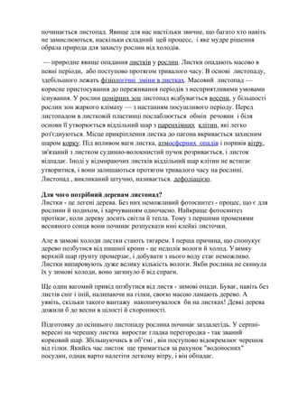 починається листопад. Явище для нас настільки звичне, що багато хто навіть
не замислюються, наскільки складний цей процесс, і яке мудре рішення
обрала природа для захисту рослин від холодів.
— природне явище опадання листків у рослин. Листки опадають масово в
певні періоди, або поступово протягом тривалого часу. В основі листопаду,
здебільшого лежать фізіологічні зміни в листках. Масовий листопад —
корисне пристосування до переживання періодів з несприятливими умовами
існування. У рослин помірних зон листопад відбувається восени, у більшості
рослин зон жаркого клімату — з настанням посушливого періоду. Перед
листопадом в листковій пластинці послаблюється обмін речовин і біля
основи її утворюється віддільний шар з паренхімних клітин, які легко
роз'єднуються. Місце прикріплення листка до пагона вкривається захисним
шаром корку. Під впливом ваги листка, атмосферних опадів і поривів вітру,
зв'язаний з листком судинно-волокнистий пучок розривається, і листок
відпадає. Іноді у відмираючих листків віддільний шар клітин не встигає
утворитися, і вони залишаються протягом тривалого часу на рослині.
Листопад , викликаний штучно, називається. дефоліацією.
Для чого потрібний деревам листопад?
Листки - це легені дерева. Без них неможливий фотосинтез - процес, що є для
рослини й подихом, і харчуванням одночасно. Найкраще фотосинтез
протікає, коли дереву досить світла й тепла. Тому з першими променями
весняного сонця вони починає розпускати юні клейкі листочки.
Але в зимові холоди листки стають тягарем. І перша причина, що спонукує
дерево позбутися від пишної крони - це недолік вологи й холод. Узимку
верхній шар ґрунту промерзає, і добувати з нього воду стає неможливо.
Листки випаровують дуже велику кількість вологи. Якби рослина не скинула
їх у зимові холоди, воно загинуло б від спраги.
Ще один вагомий привід позбутися від листя - зимові опади. Буває, навіть без
листів сніг і іній, налипаючи на гілки, своєю масою ламають дерево. А
уявіть, скільки такого вантажу накопичувалося би на листках! Деякі дерева
дожили б до весни в цілості й схоронності.
Підготовку до осіннього листопаду рослина починає заздалегідь. У серпні-
вересні на черешку листка виростає гладка перегородка - так званий
корковий шар. Збільшуючись в об’ємі , він поступово відокремлює черешок
від гілки. Якийсь час листок ще тримається за рахунок "водоносних"
посудин, однак варто налетіти легкому вітру, і він обпадає.
 